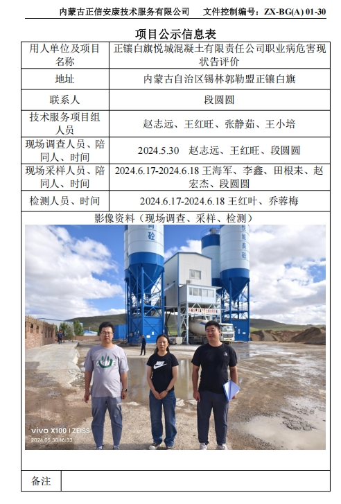 正镶白旗悦城混凝土有限责任公司职业病危害现 状告评价